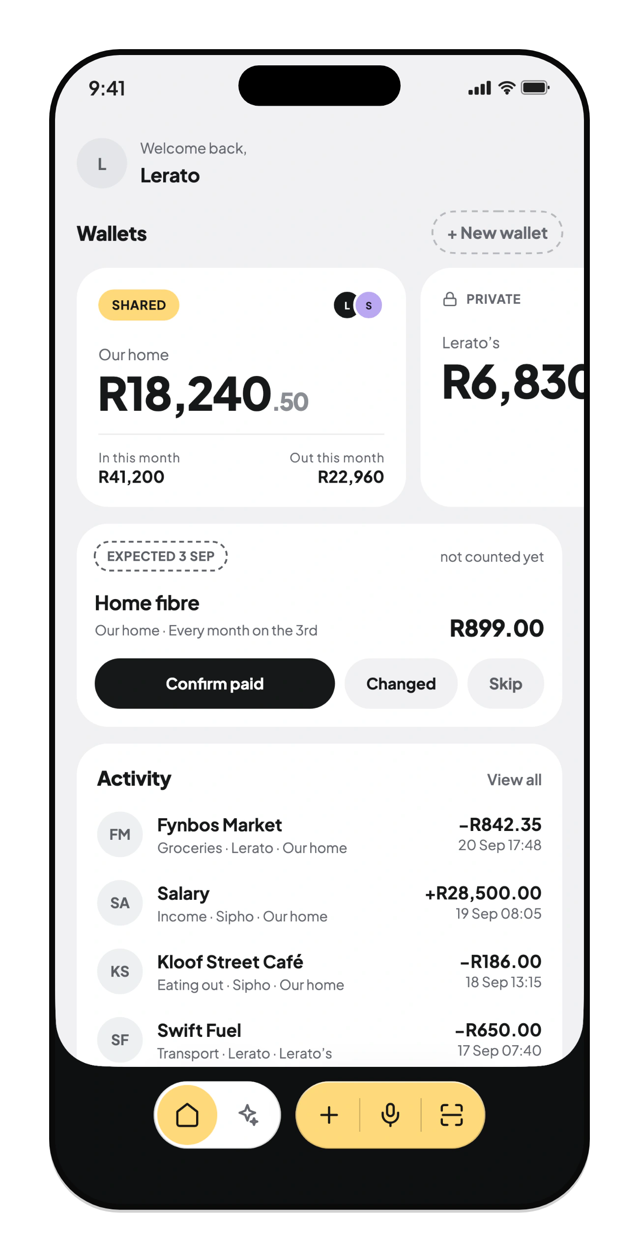 Khumio's Home screen: a shared and a personal wallet, a bill to confirm, and recent spending